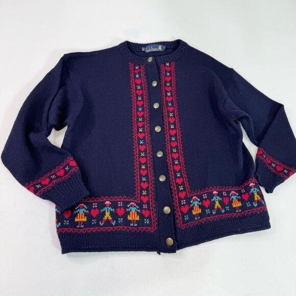 VTG Tulchan Cardigan Sweater Women L Navy Heart Wool Sweethearts New Wool Granny - Picture 1 of 10